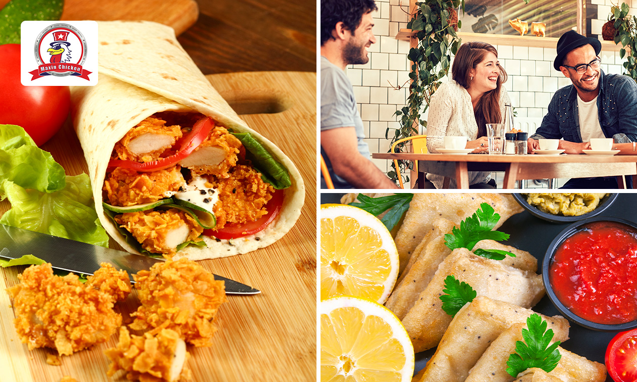 Burger of wrap + samosa of chicken roll fries + drankje